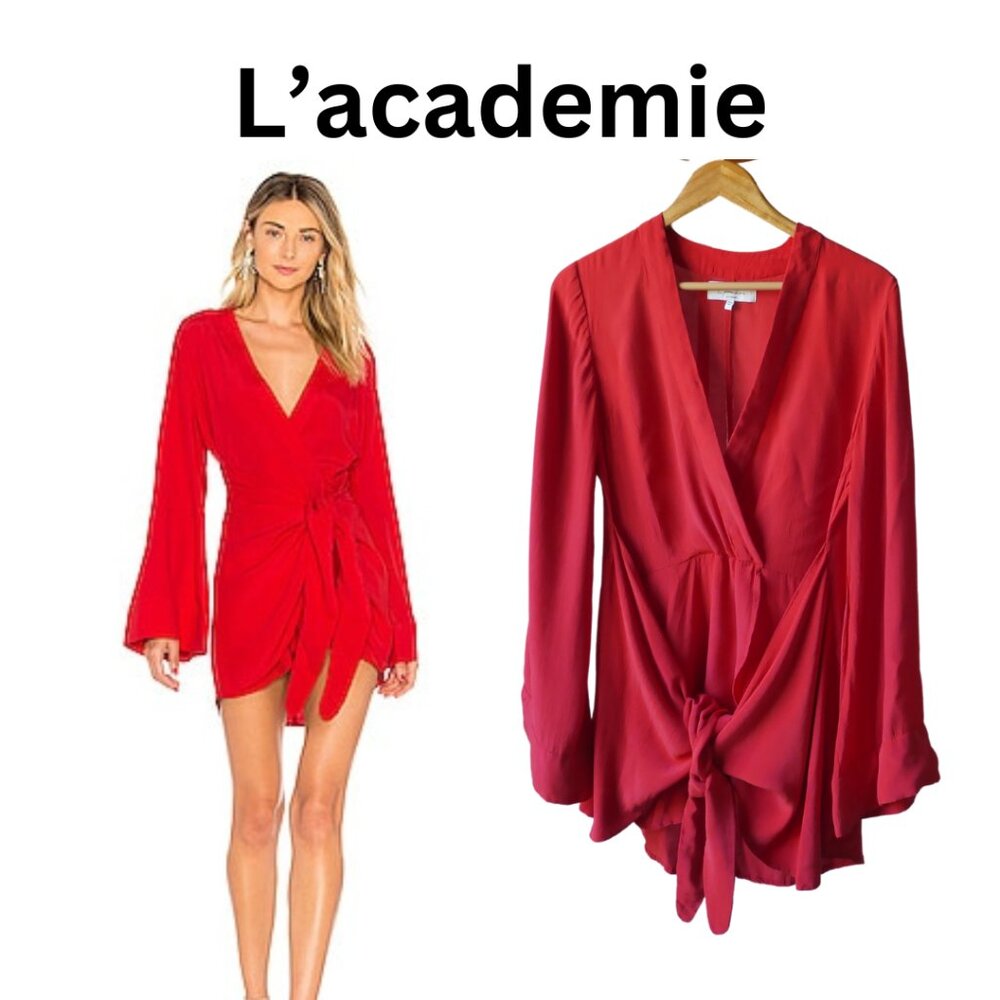 REVOLVE l'academie Red Wrap Mini dress w Bell Sleeves V neck SEXY